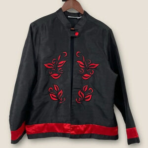 Samantha's Style Shoppe Shirt Jacket Womens Sz Large Black Red Embroidered Asian